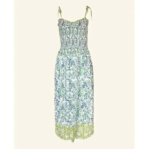 ALIX OF BOHEMIA, NWT Luna Jardin Dress Sz L, Blue White Smocked Handprinted Midi - Picture 2 of 14